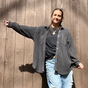 Aerie Charcoal Button-Down Shacket - Dark Gray Oversized waffle knit - large